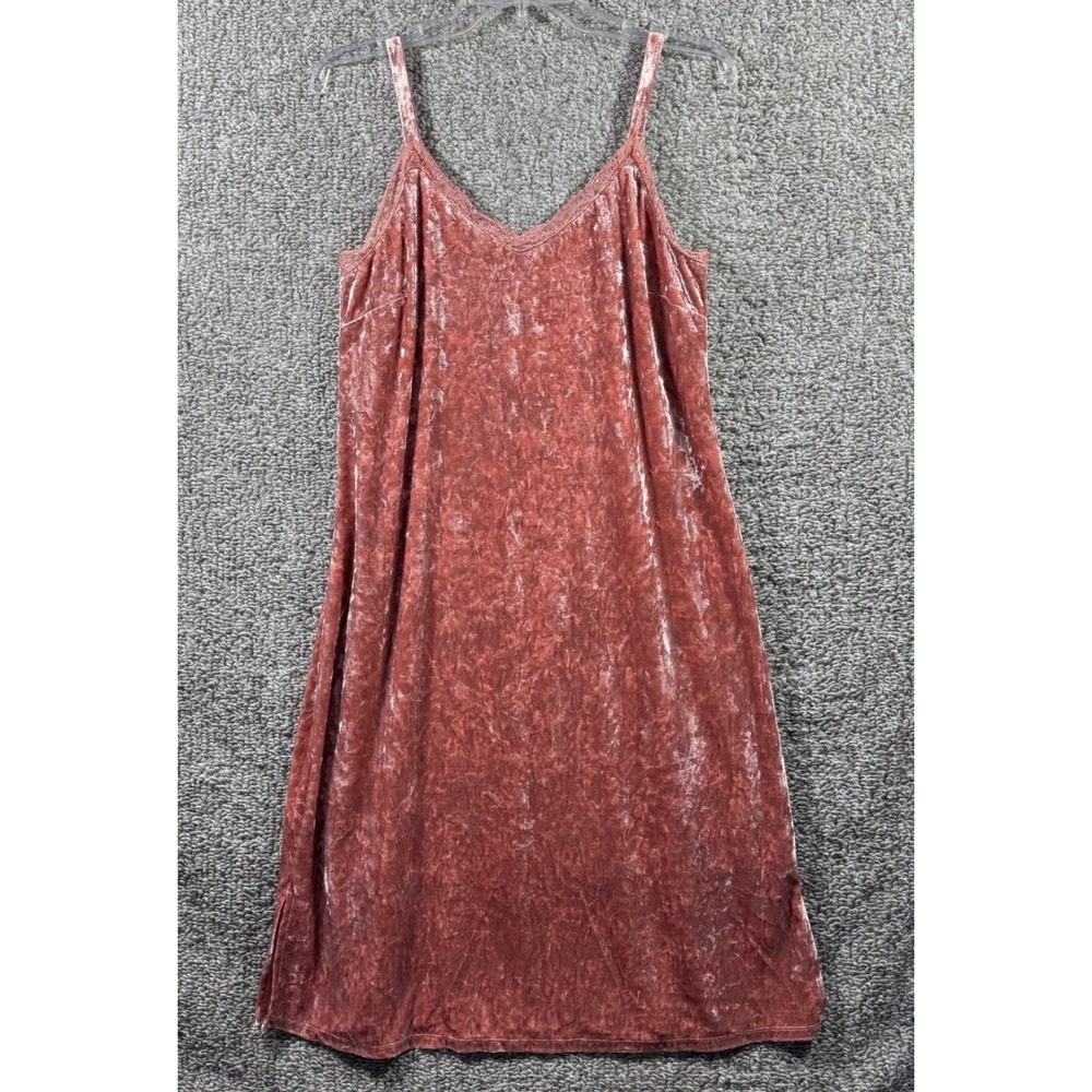 Bobeau Crushed Velvet Slip Dress Rose Pink Lace Trim V-Neck Midi Womens Medium